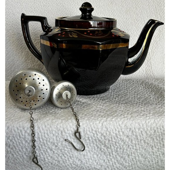 Vintage Price Bros. Tea Pot & Two Tea Seepers Handpainted Brown & Gold VGUC - Picture 1 of 16